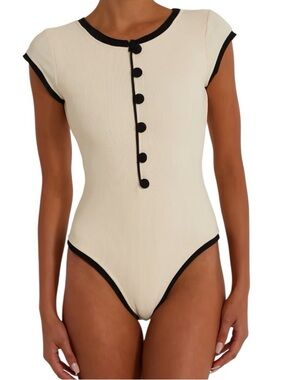 SAME The Grace One Piece Swimsuit Ribbed Cream Black Large $358 NWT Resortwear